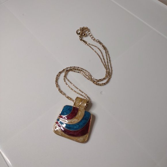 Multicolor Enamel Pendant Necklace Adjustable 17.5 To 20 Inches Long - Picture 2 of 7